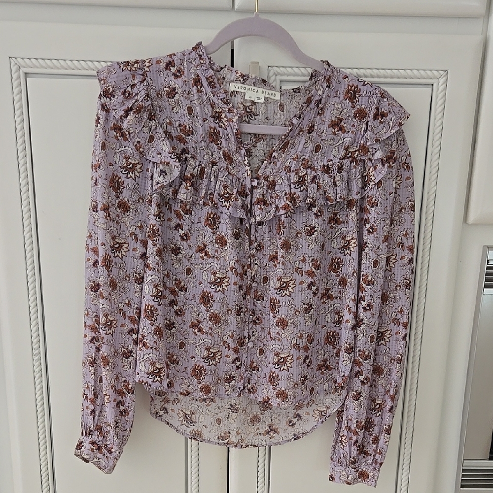 Floral Ruffle Blouse - Purple and Brown